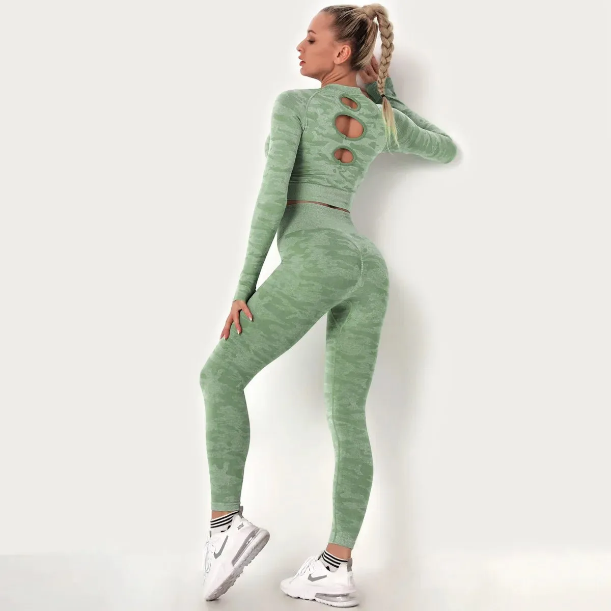 Women's Camouflage Activewear Yoga Suit - Backless Breathable Long Sleeve Top & Seamless Leggings Set - Workout Clothes for Women