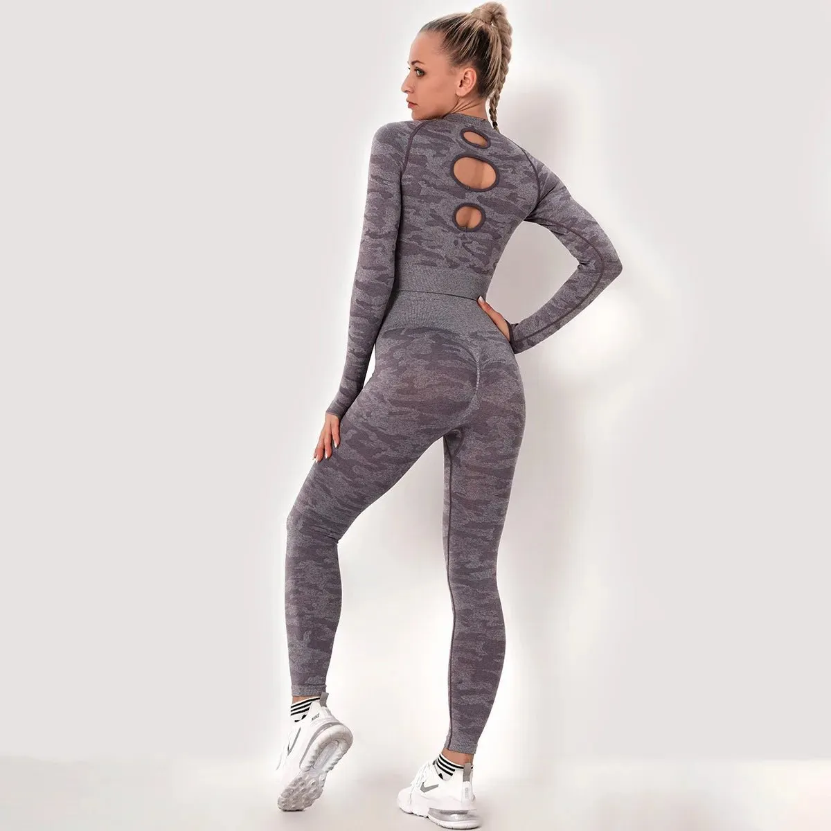 Women's Camouflage Activewear Yoga Suit - Backless Breathable Long Sleeve Top & Seamless Leggings Set - Workout Clothes for Women