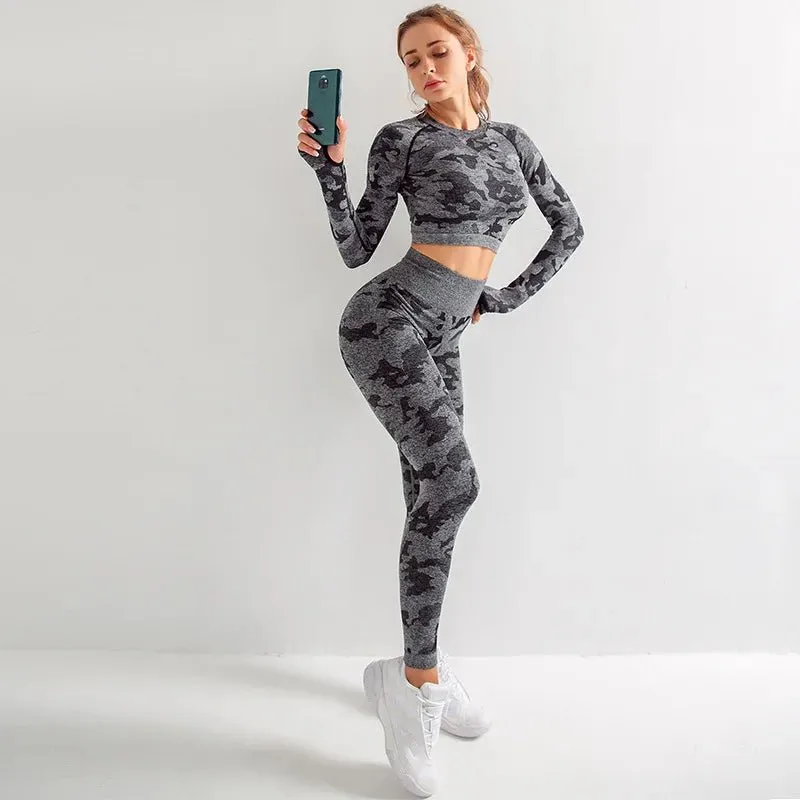 Women's Camouflage Activewear Yoga Suit - Backless Breathable Long Sleeve Top & Seamless Leggings Set - Workout Clothes for Women