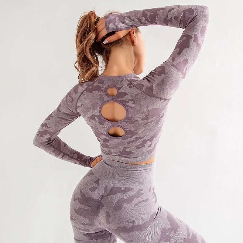 Women's Camouflage Activewear Yoga Suit - Backless Breathable Long Sleeve Top & Seamless Leggings Set - Workout Clothes for Women